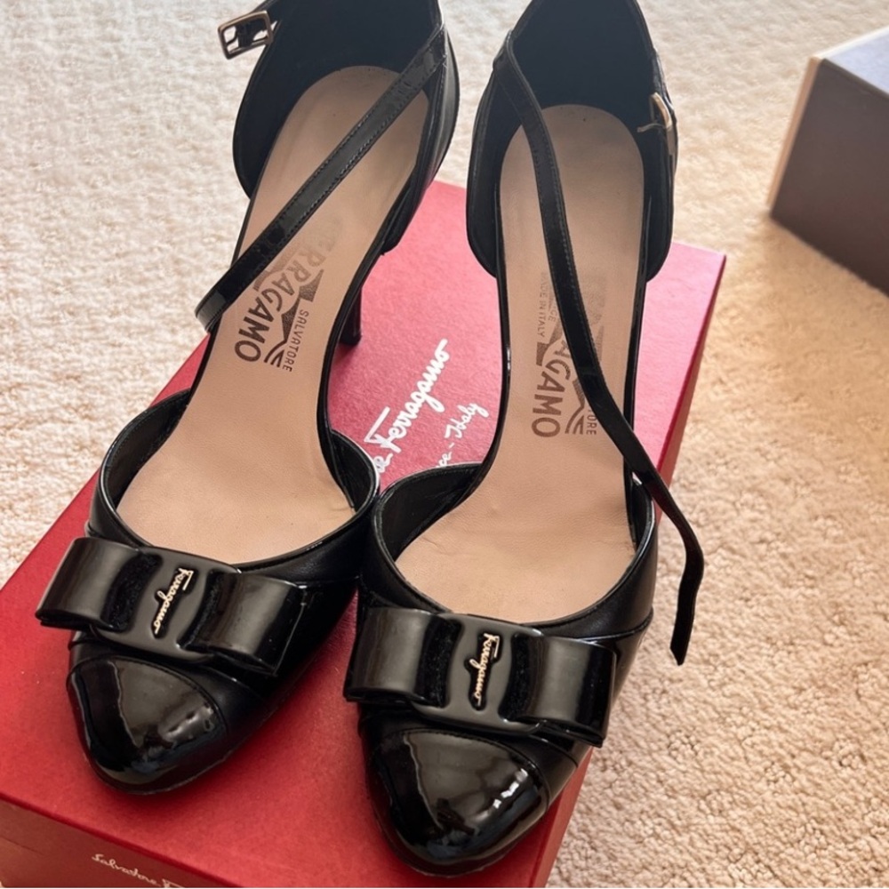 Salvatore Ferragamo Black Patent Leather Bow Ankle-Strap Pumps